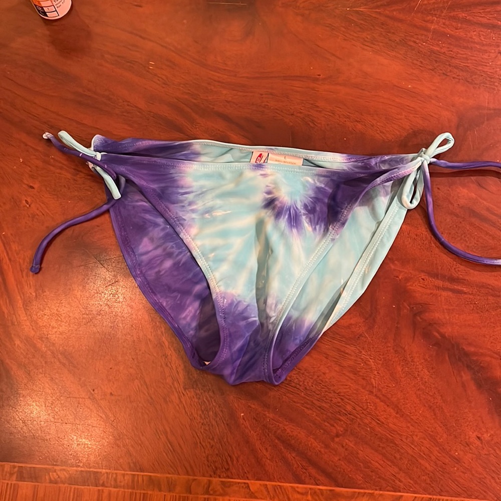 Let Me B. Tie-dye blue and purple string bikini large bottom